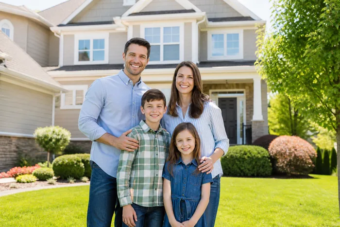 Happy family outside their home