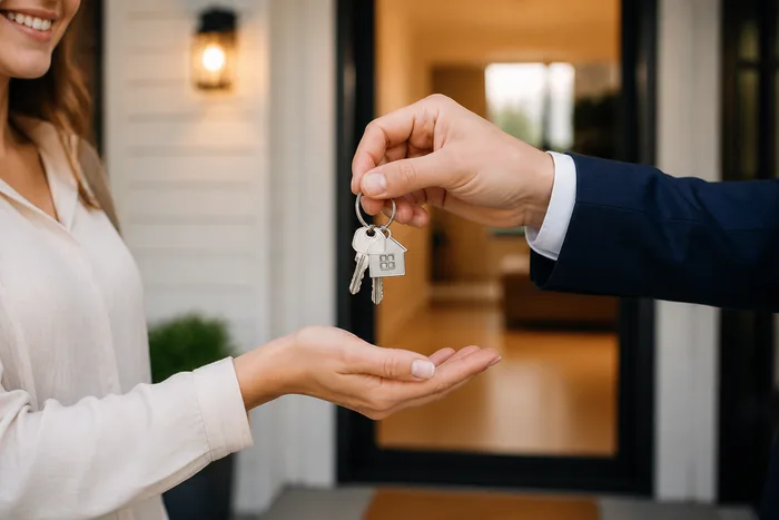 Woman handing over house keys at closing