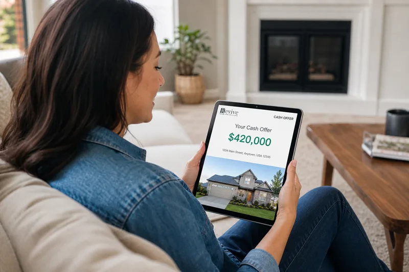 Woman reviewing cash offer on tablet