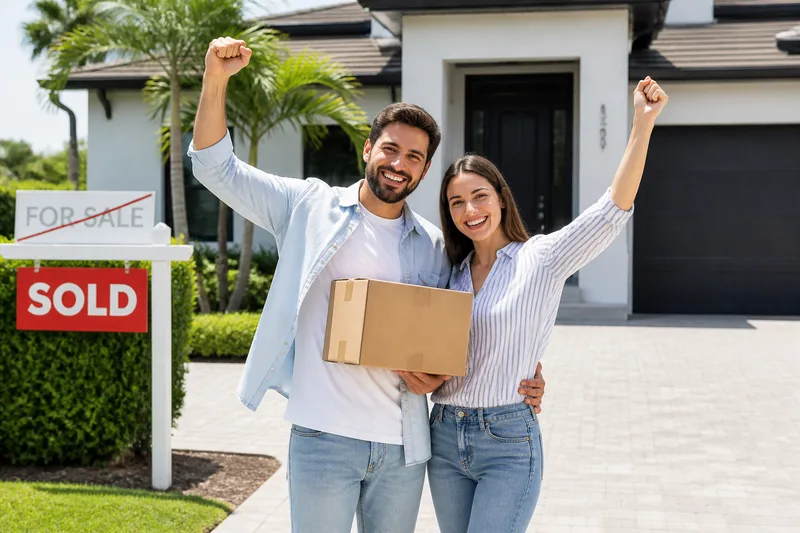 Happy couple celebrating sold home